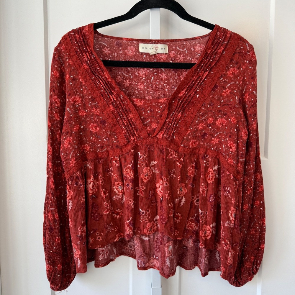 Penelope Rose Womens Medium Rust Red Floral Pintuck Lace Peasant Blouse Boho Top
